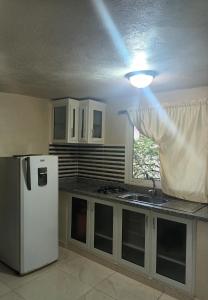 a kitchen with a white refrigerator and a window at Casa taina in Jarabacoa +28 photos