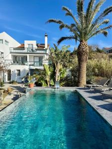 a swimming pool in front of a house with a palm tree at Casa Caloura Water Deluxe Accommodation & Spa in Lagoa +38 photos
