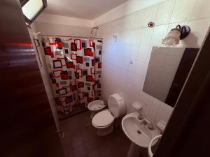 a bathroom with a toilet and a sink and a mirror at Bicentenario Alem in Villa María