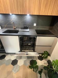 a kitchen counter with a sink and a sink at Newly built 2-Bed Flat with parking in Pully in Pully