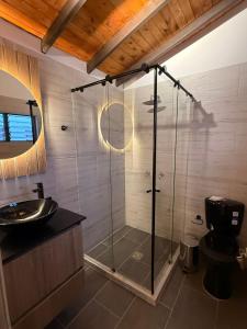 a bathroom with a shower with a glass shower stall at Nido de Montaña Cabañas in Bello
