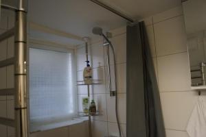 a shower in a bathroom with a shower curtain at Brabo 1 in Landskrona +27 photos