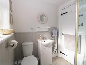 a bathroom with a toilet and a sink and a mirror at Herbies Cottage in Snettisham +25 photos