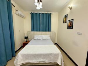 a bedroom with a bed and a blue curtain at Jefes Haven in Dar es Salaam