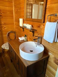 a bathroom with a white sink and a mirror at The Bears in Geeveston