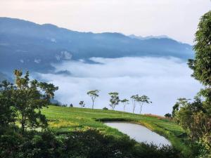 a golf course with a pond in the middle of a field at Đức Tới Farmstay in Ho Tô