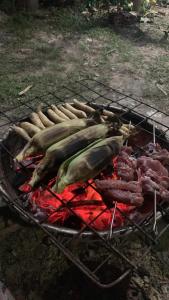 a bunch of meats on a barbecue grill at Chanmolfarmstay in Phumĭ Chŭb Chănt Sâr