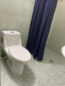 a bathroom with a toilet and a blue shower curtain at Sandy's in Morelia