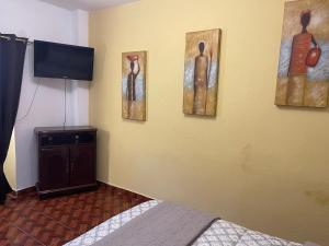 a bedroom with four paintings on the wall and a television at Sandy's in Morelia