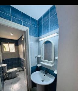 a blue tiled bathroom with a sink and a toilet at Appartement rez de jardin in Hammamet