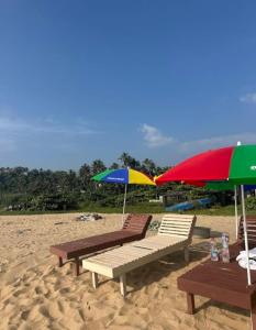 two benches and two umbrellas on a beach at Dolphin beach resort in Varkala