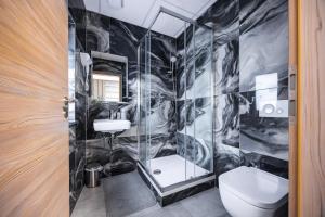 a bathroom with a shower and a toilet at Hotel Löwenstein in Lich +29 photos