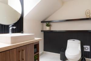 a bathroom with a sink and a toilet with a mirror at Casa Romina in La Paz +12 photos
