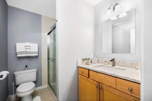 a bathroom with a toilet and a sink and a mirror at Midcentury Getaway: Walk to Everything! in Traverse City +38 photos