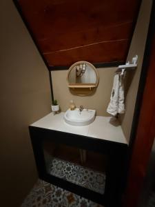 a bathroom with a sink and a mirror at Cabaña Joy-C Colibri 1 in El Copey
