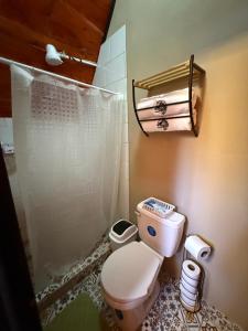 a bathroom with a toilet and a shower at Cabaña Joy-C Colibri 1 in El Copey
