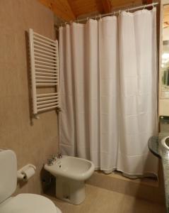 La salle de bains est pourvue d'un rideau de douche blanc et de toilettes. dans l'établissement Ayelen Cabañas, à Villa La Angostura