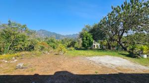 a large field with a house in the background at Hospedaje Tecmilco in Tepoztlán