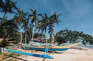 ein Boot liegt an einem Strand mit Palmen in der Unterkunft MORE Beach in El Nido