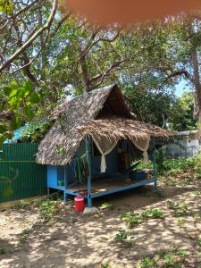 a small blue house with a thatched roof at rut66 in Ko Phayam