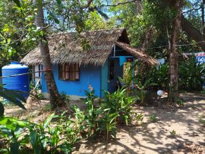a blue house with a straw roof at rut66 in Ko Phayam