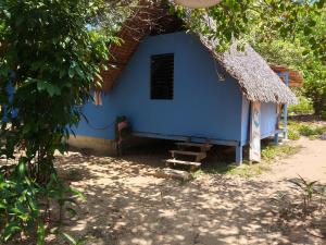 a blue house with a straw roof at rut66 in Ko Phayam
