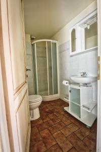 a bathroom with a toilet and a shower and a sink at Il Nido - Private villa with pool and jacuzzi in Castelnuovo di Garfagnana