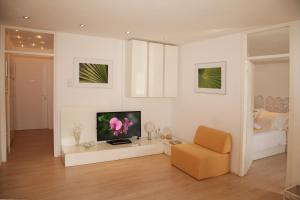 a living room with a television and a chair at Apartment Spacious Liman in Novi Sad