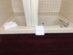 a bath tub with a sink and a towel at Lake Tree Inn & Suites in Woodland Hills