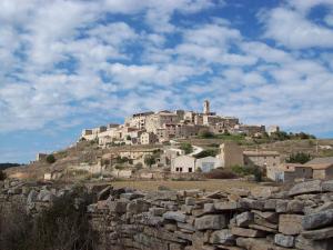 a town on top of a hill with a castle at Rural Horizons on La Ruta del Cister in Forés