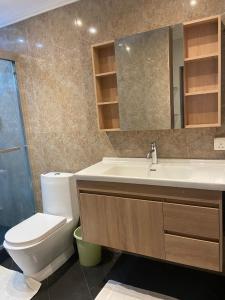 a bathroom with a toilet and a sink and a mirror at Solmera Villa in Grand-Baie +3 photos