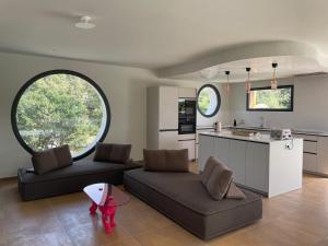 a living room with two couches and a kitchen at luxe et sérénité in Lecci