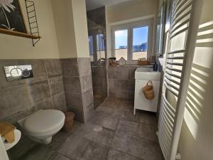 a bathroom with a toilet and a shower at Küstenglück 2 Stylisches Apartment mit Meerblick - 200m zum Strand & Bäcker in Dahme