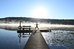 a person walking on a dock in front of a lake at Ferienhaus-Park Brennickenswerder in Lychen +20 photos