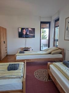 a room with four beds and a tv on the wall at Villa Sabic - Free Garage & Panoramic View in Sarajevo
