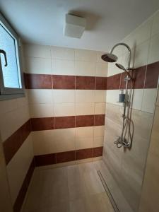 a bathroom with a shower with brown and white tiles at Imperia President in Paralia Katerinis