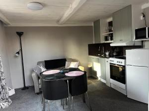 a kitchen with a table and chairs in a room at Little House in Bäckaskog in Fjälkinge