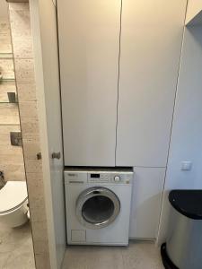 a washing machine in a bathroom with a white cabinet at Zen 2 Bedroom Apartment with Terrace in Zalău +11 photos
