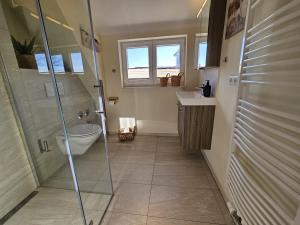 a bathroom with a shower and a toilet and a sink at Küstenglück 3 Modernes Maisonette-Apartment mit Meerblick & Kickerspaß - 200m zum Strand & Bäcker in Dahme