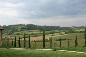 Ein Zaun auf einem Feld mit einem Hügel im Hintergrund in der Unterkunft Tenuta Il Tresto in Poggibonsi