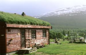 a log cabin with a grass roof with a snow covered mountain at Ingridstua Huskyfarm Innset in Bardu