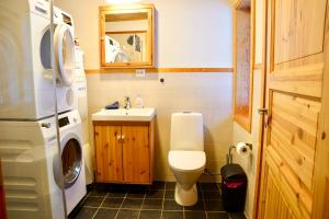 a small bathroom with a sink and a washing machine at Ingridstua Huskyfarm Innset in Bardu