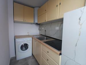 a small kitchen with a sink and a washing machine at Guest House Cela in Çorovodë