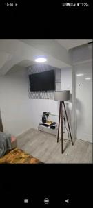 a living room with a table and a television on the wall at Apartment Đina in Plužine