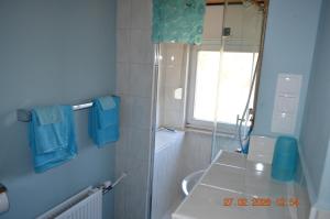 a blue bathroom with a sink and a shower at Sunrise B&B Hellenthal in Hellenthal +41 photos