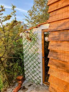a door to a building with a fence at Simple Wooden house in Moçarria +1 photo