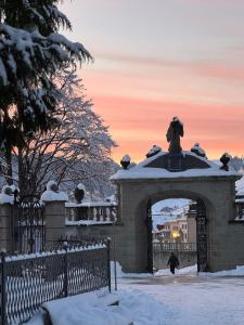 a gate in the snow with a person walking through it at Klostergarten in Einsiedeln +15 photos