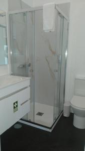 a bathroom with a shower and a toilet at Casas Albano 2 in Caldas da Rainha +11 photos