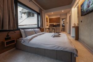 a bedroom with a large bed with a large window at Frourio Lodge B2 in Larisa