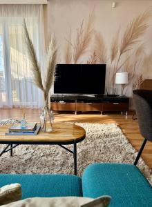 a living room with a tv and a coffee table at Remora Apartman Balatonszemes in Balatonszemes